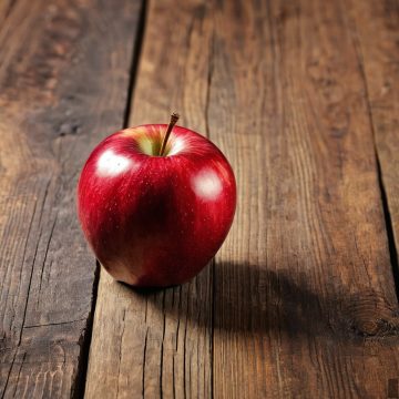 a red apple on a wooden table