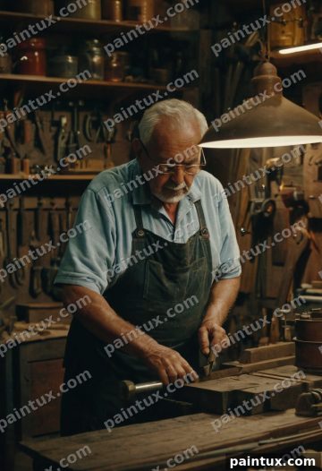 elderly craftsman working in his cozy wo