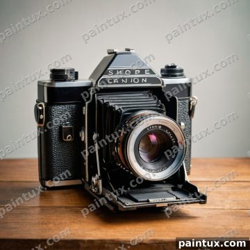 vintage film camera on a wooden desk, so