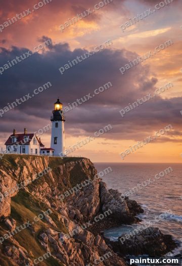 lighthouse on a rocky cliff at sunset, d