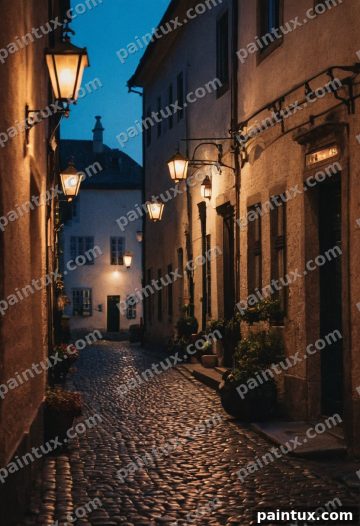 cozy european cobblestone street at dusk