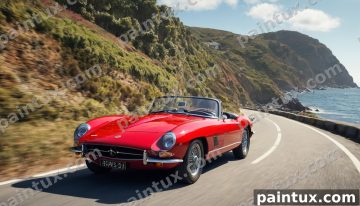 classic red sports car on a coastal road