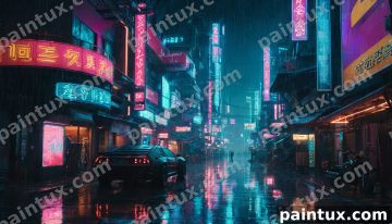 cyberpunk city street at night with neon