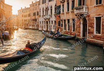 venice canal with a gondola, golden hour